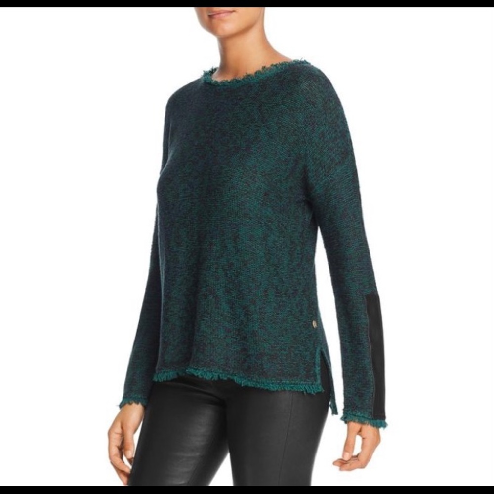 DONNA KARAN Sweater Crew Neck Long Sleeves Fringe Leather Trim NEW L